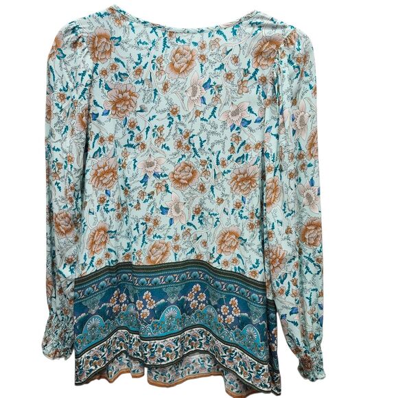 Brown Coco Bohemian Top Womens 1XL Green Blue Tan Front Ties Smocked Cuffs Boho - Picture 3 of 11